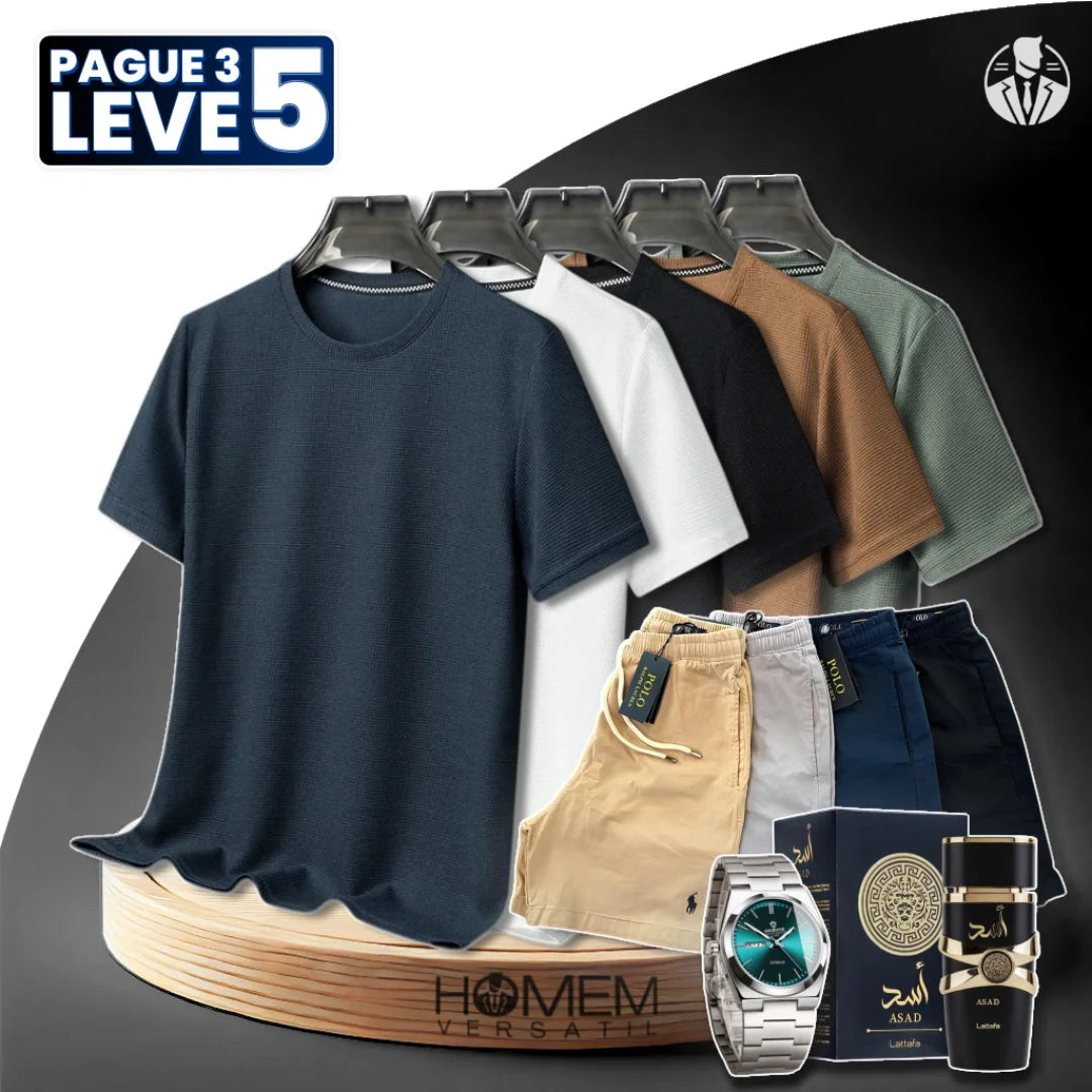 [Pague 3, Leve 5] Kit de Camisetas de Seda Gelo Alpha + BRINDES: 4 Bermudas Linho, Relógio e Perfume