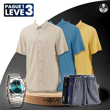 [Pague 1, Leve 3] Kit Camisas Davin Respiráveis em Viscose e Linho + BRINDES: 3 Bermudas e Relógio