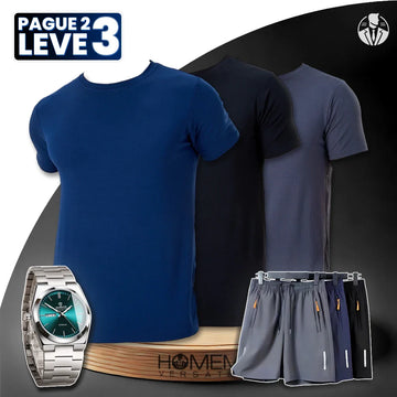 (Pague 2, Leve 3) Kit Camisetas Zavox Slim em Elastano e Viscose Macia + 3 Bermudas e Relógio GRÁTIS